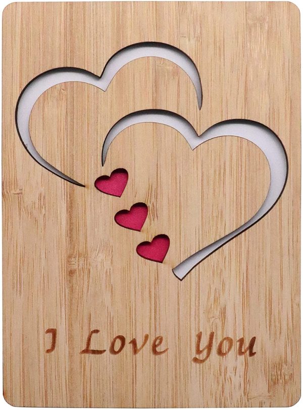 Real Bamboo Wood I Love You Card, Wooden Greeting Cards for Any Occasion, to Say Happy Valentines Day Card, Anniversary, Gifts for Wife, Him, Or Her, Or Just Because