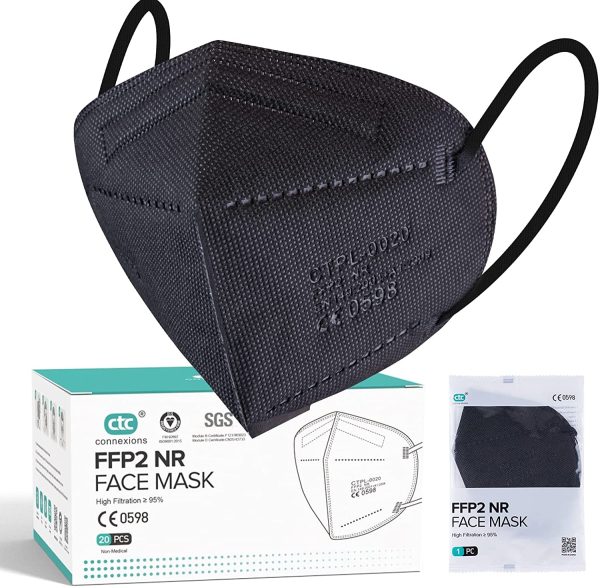 FFP2 Mask Black, 20pcs Disposable FFP2/KN95 Dust Face Mask, CE0598 Certified EN149 Standard, 5 Layers Filter Protective Mask, Individually Packaged - Image 4