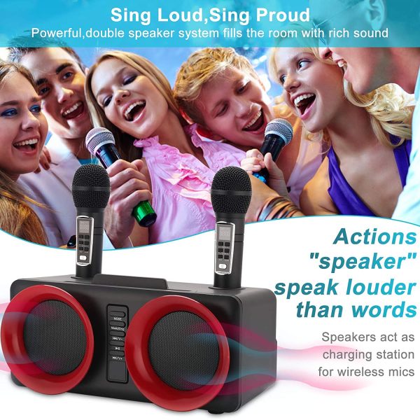 Karaoke Machine,Portable Bluetooth PA System With 2 Wireless microphone,Speaker with Mobile phone holder/USB/TF Card/AUX In,for home party,Meeting, Wedding, Church, Picnic, Outdoor/Indoor [Black] - Image 4