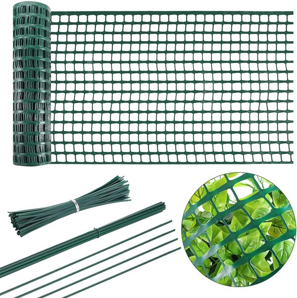 Plastic Garden Fencing Roll Safety Construction Outdoor Mesh Fence Garden Netting 2 Feet x 50 Feet 1.2 Inch Mesh with 15 Pcs Coated Iron Wire Support Stakes 100 Pcs Cable Ties for Gardening (Green) - Image 5