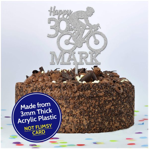 Bicycle Cake Topper - Cycling Birthday Cake Decoration - PERSONALISED Mountain Bike Cake Toppers for Him, Son, Boys, Dad, Grandad, Kids - Gold Silver Black Blue Red Wood Cake Decoration - Image 3