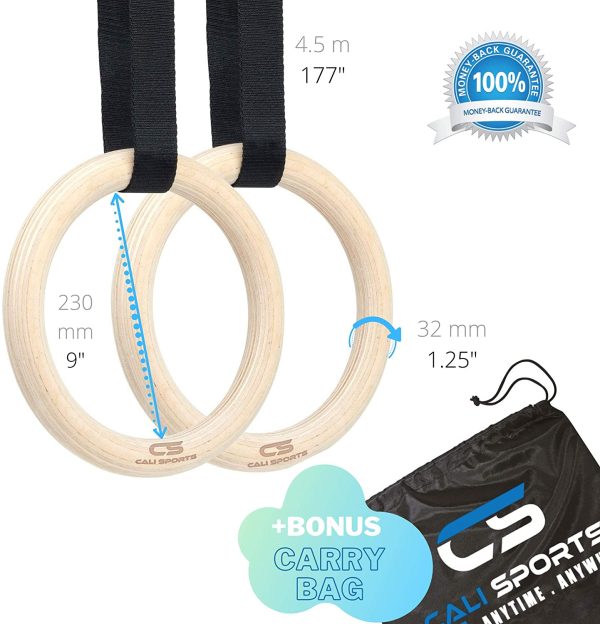 CALI SPORTS Wood Gymnastic Rings, Exercise Olympic Rings with Adjustable Long Straps, Steel Buckles, Perfect for Calisthenics Workout, Crossfit, Bodyweight, Pull-Ups and Dips - Image 4