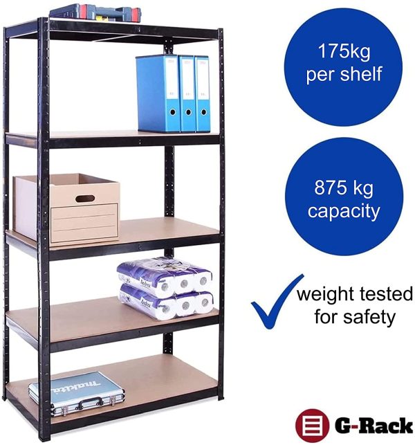 Garage Shelving Units - 5 Tier Metal Storage Shelves - Black Utility Rack for Shed, Workshop, Office Warehouse - 150cm x 75cm x 30cm, 875KG Capacity (175KG Per Shelf Unit) - 5 Year Warranty - Image 6