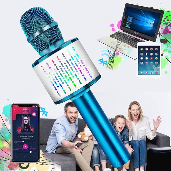 Microphone for Kids, Kids Microphone for Singing with LED Lights, Bluetooth Microphone Wireless with Speaker, Kids Karaoke Machine with Portable Microphone (MKF04-BU)