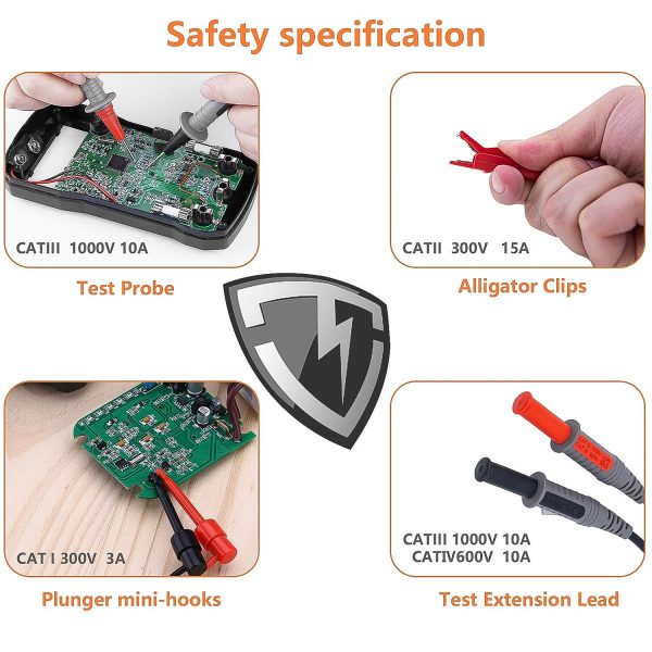 KAIWEETS KET01 Multimeter Test Leads Kit, 8 Pieces Test Lead with Alligator Clips, Needle Probe, Mini-Hooks, CAT III 1000V&CAT IV 600V, 10A for Fluke/AstroAI/INNOVA Multimeter, Voltmeter, Clamp Meter - Image 4