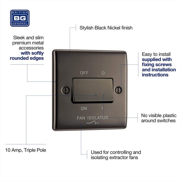 BG Electrical NBN15-01 3-Pole Fan Isolator Switch, Black Nickel, 2-Way, 10AX - Image 3