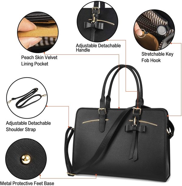 Laptop Tote Bag for Women, 15.6 Inch Large Leather Handbag, Stylish Ladies Designer Messenger Bag Waterproof Computer Shoulder Briefcase for Work Travel, Ladies Hand bag and Purse 2PCS Set, Black - Image 2