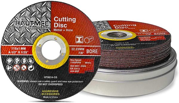 HAUTMEC Metal Cutting Discs 115mm x 1.0mm x 22.23mm 10pcs, Cut Metal, Stainless Steel, Steel and Non-Ferrous Metals, Cut-Off Wheels for Angle Grinder Use HT0014-CD