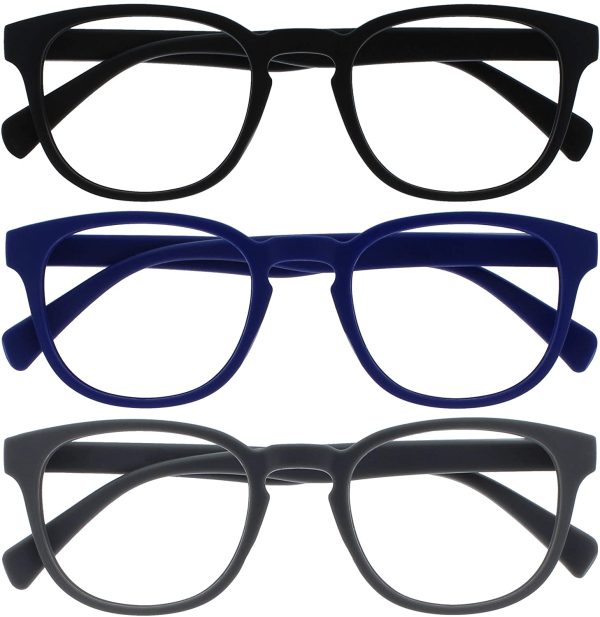 Opulize Pop 3 Pack Retro Round Smooth Matt Black Blue Grey Mens Womens Reading Glasses Spring Hinges RRR2-137 +1.00 - Image 4