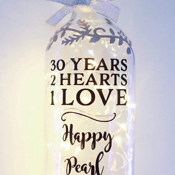 Personalised Pearl Wedding Anniversary Gifts, 30th, Gift for Parents, Grandparents, Bottle Light