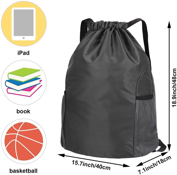 Dacitiery Drawstring Gym Bag, Gym Sack, Drawstring Backpack, Unisex PE Bags Drawstring with Outside Zipper, Sport Gym Sack Bring Two Side Pockets, Large Drawstring Bag