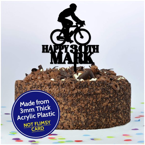 Happy Birthday Bicycle Cycling Cake Topper Decoration - PERSONALISED Mountain Bike ANY Age ANY Name Cake Toppers for Him, Son, Boys, Dad, Grandad, Kids - Gold Silver Black Wood Cake Decoration - Image 8