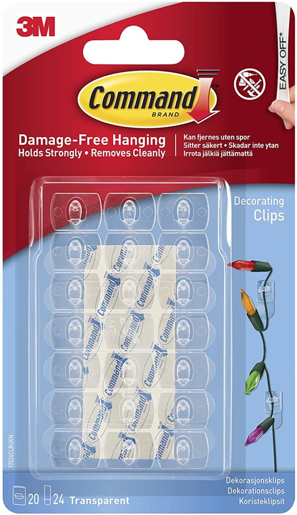 Command 17026CLR Decorating Clips, Pack of 20 Mini Hooks and 24 Small Adhesive Strips, Transparent - Hanging Clips for Decorations and Fairy Lights, Wall Adhesive - Damage Free Hanging