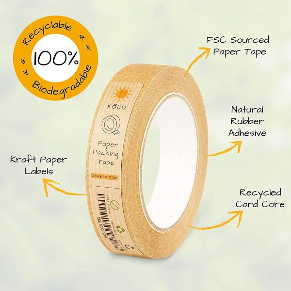 KOJU Kraft Paper Packing Tape 24mm x 50m | 1/3/6 packs | Eco Friendly, Recyclable & Biodegradable Brown Paper Tape for Packaging Parcels & Moving House Boxes | Strong, Heavy Duty Parcel Tape (1) - Image 3