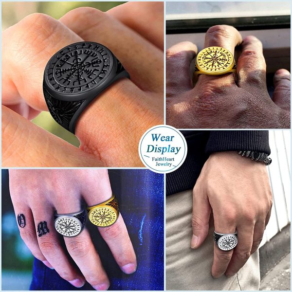 FaithHeart Norse Viking Jewellery Vegvisir Compass/Mjolnir/Valknut Runes Ring for Men Personalised Stainless Steel Signet Rings Size O - Y Finger Charm