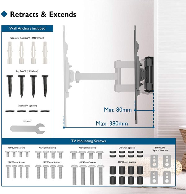 BONTEC TV Wall Mount for 23-60 Inch LED LCD Flat & Curved TVs, Swivels Tilts Extends Double Arm Full Motion TV Wall Bracket Holds up to 45kg, Includes HDMI Cable, Spirit Level, Max VESA 400x400mm - Image 2