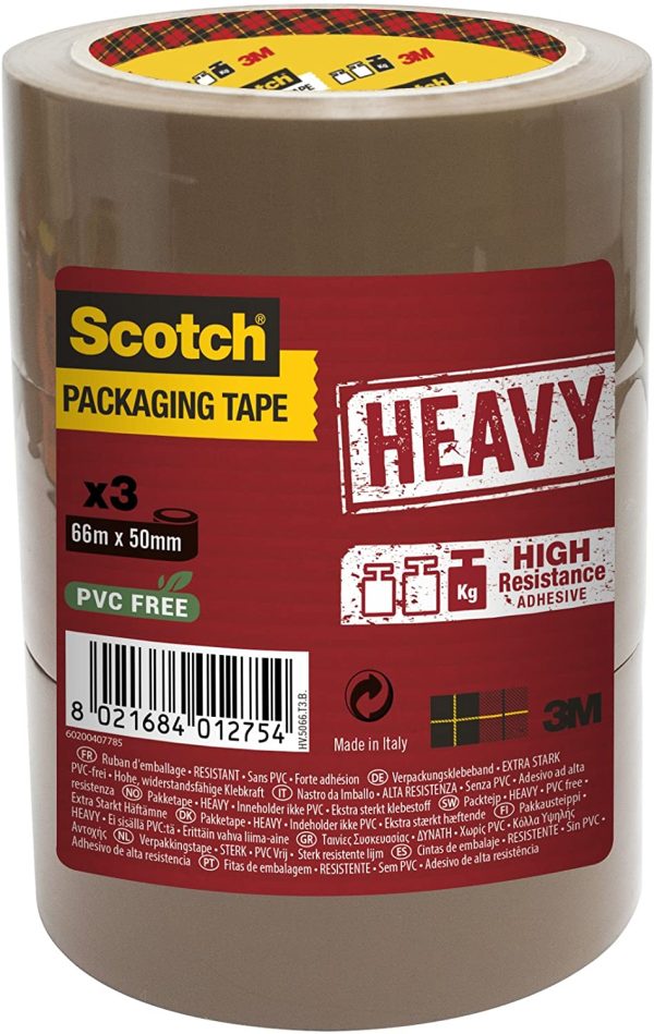 Scotch Heavy Duty Packaging Tape, 66m x 50mm, Brown, 3 Rolls, Suitable for Rough Handling and Shipping - Image 3