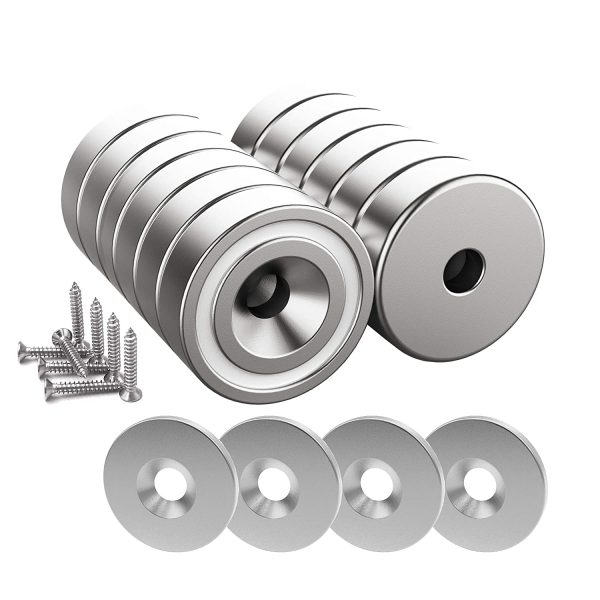 Magnetpro 12 Pieces Magnet 10 KG Force 20 x 7 mm with Countersunk Hole and Steel Capsule, Pot Magnets with Screws and 12 Steel Pads