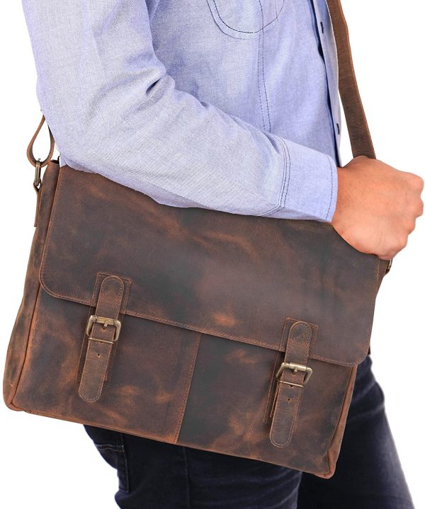 Leather Messenger Bag for Men & Rustic Messenger Bag for Women ?C Handmade, Genuine, Distressed Buffalo Leather ?C Padded Compartment to Use as 16 Inch Laptop Bag + Pockets & Adjustable Strap - Image 6