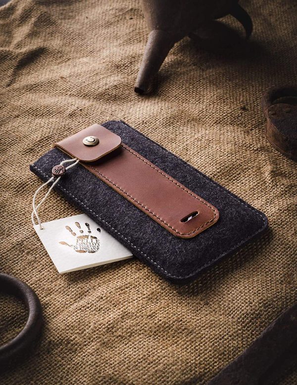 iPhone 11 sleeve/case, unique brown vintage handmade Crazy Horse leather phone cover, wool felt, iPhone 11 Pro, 11 Pro Max, Xs Max, Xr, Xs, X, 8, Samsung Galaxy S10 Plus, S10e, S9, Crazy Horse Craft - Image 2