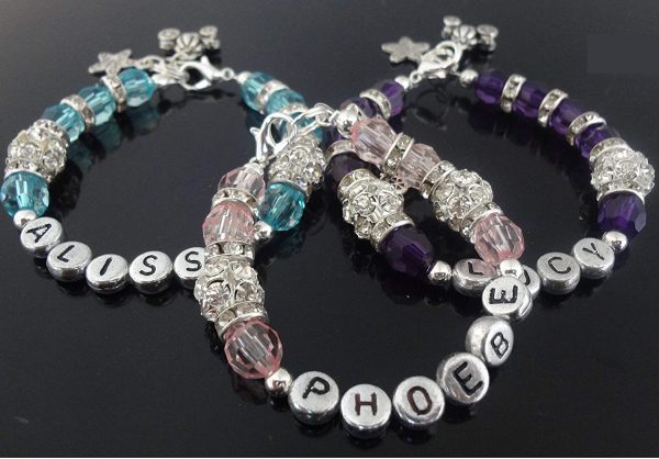 GIRLS CUSTOM NAME PERSONALISED bracelet crystal gems jewellery girls sister women friendship baby's custom made any colour pearl or charm of choice any size. - Image 3