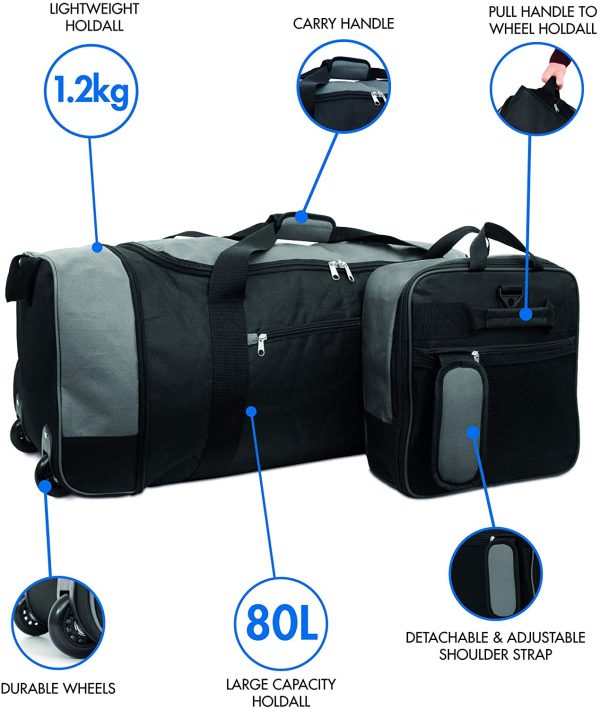 iN Travel Foldable Holdall Luggage Bag with Plastic Wheels. Use as a Lightweight Luggage Bag Suitcase or Backpack. Ideal for Travel, Sports kit & Equipment (Black/Red)