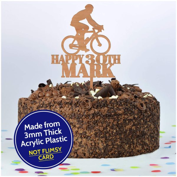 Happy Birthday Bicycle Cycling Cake Topper Decoration - PERSONALISED Mountain Bike ANY Age ANY Name Cake Toppers for Him, Son, Boys, Dad, Grandad, Kids - Gold Silver Black Wood Cake Decoration - Image 4