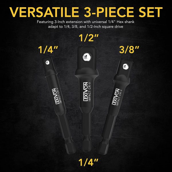 Impact Grade Socket Adapter Set, 3" Extension Bit with Holder | 3-Piece 1/4", 3/8", and 1/2" Drive, Adapt Your Power Drill to High Torque Impact Wrench (LX-101) - Image 3