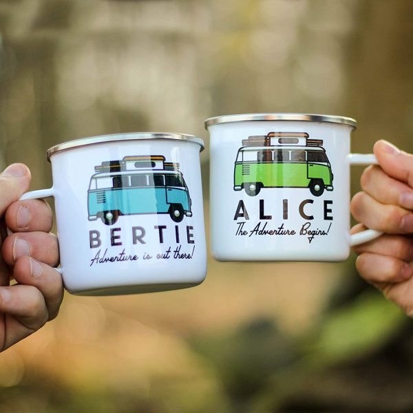 Personalised Campervan Enamel Mug - Travel & Adventure - Gift For Him or Her - Add Name and Text - Unique Custom Present