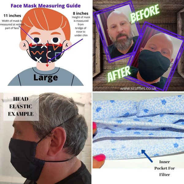 Deluxe Face Mask/Multi Layer Roomier For Large Faces Or Beard Wearers/British Made 100% Close Weave Quality Cotton/Ear/Head Elastic/Re-Usable/Washable-Navy Blue Black Patterned Covering - Image 7