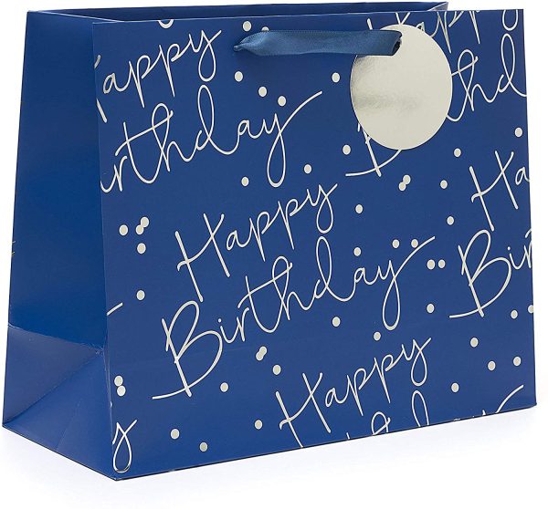 Large Gift Bag - Birthday Gift Bag for Presents - Blue and Silver Foil Happy Birthday Design - Image 5