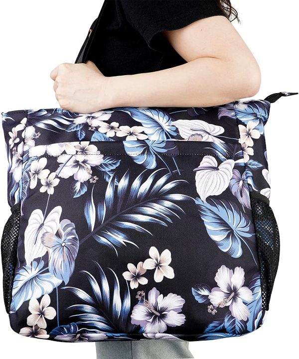 Floral Beach Tote Water-resistant Beach Bag Large Shoulder Bag for Yoga Travel with Multi Pockets - Image 2