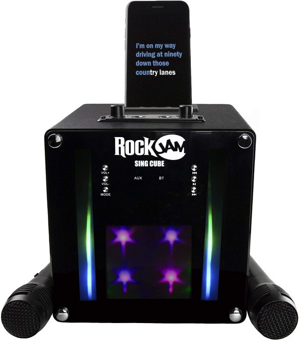 RockJam RJSC01-BK Singcube 5-Watt Rechargeable Bluetooth Karaoke Machine with Two Microphones, Voice Changing Effects & LED Lights, Black - Image 5