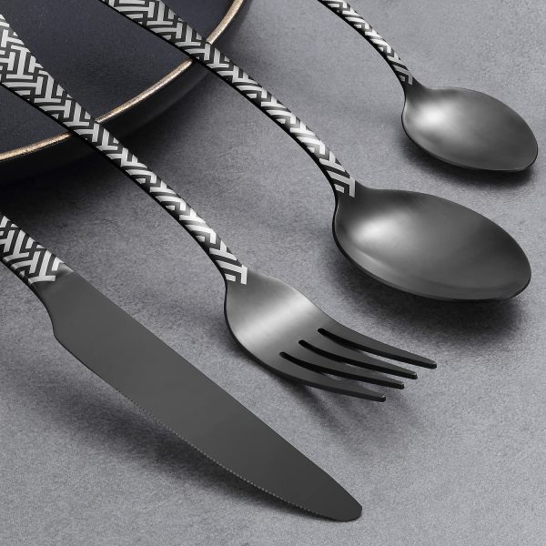 Cutlery Set,  16-Piece Matt Black Unique Pattern Design for Gift, Stainless Steel Flatware Set, Silverware Set with Spoon Knife and Fork Set, Service for 4, Dishwasher Safe - Image 5