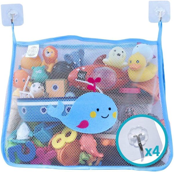 COSY ANGEL Baby Bath Toy Bag for Bath Toys Large Organiser Bathroom Storage Net with 4 Waterproof Self Adhesive Hooks (Blue) - Image 3