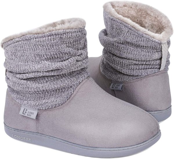 LongBay Ladies' Warm Chenille Knit Bootie Slippers Comfy Suedette Fluffy Faux Fur Memory Foam Boots House Shoes - Image 6