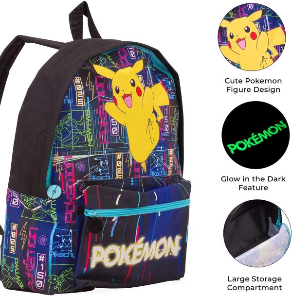 Licenced Pok??mon Glow in The Dark Backpack | Large Pokemon Rucksack with Pikachu | Official Pokemon School Bag for Boys and Girls | Kids Pokemon Bags | Christmas Back to School gift - Image 2