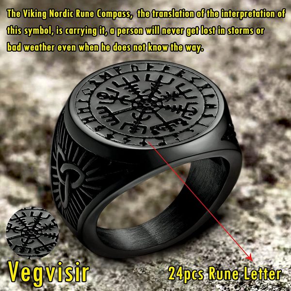 FaithHeart Norse Viking Jewellery Vegvisir Compass/Mjolnir/Valknut Runes Ring for Men Personalised Stainless Steel Signet Rings Size O - Y Finger Charm - Image 3