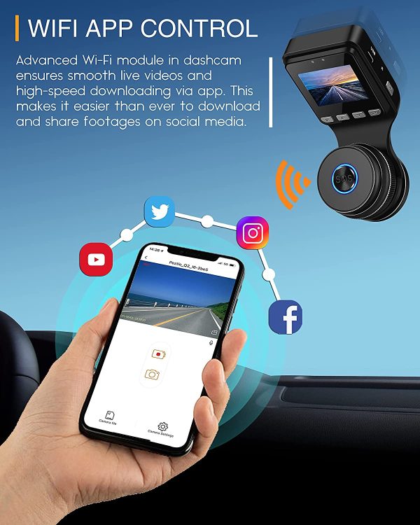 Dash Cam WiFi FHD 1080P Car Dashcam Recorder, Dashcams for Cars with SD Card Included, Night Vision, 170 degrees Wide Angle, WDR, Loop Recording, G-sensor, Parking Monitor, Motion Detection