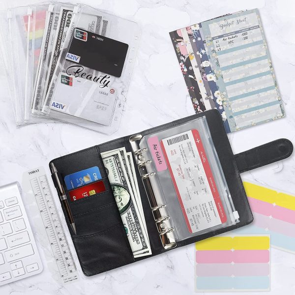 Ring Binder Set - 28pcs Leather Notebook Budget Binder with Clear Cash Envelopes,Budget Sheets and Label Stickers,Cash Organizer Money Saving Binder for Travel and Diary Black - Image 4