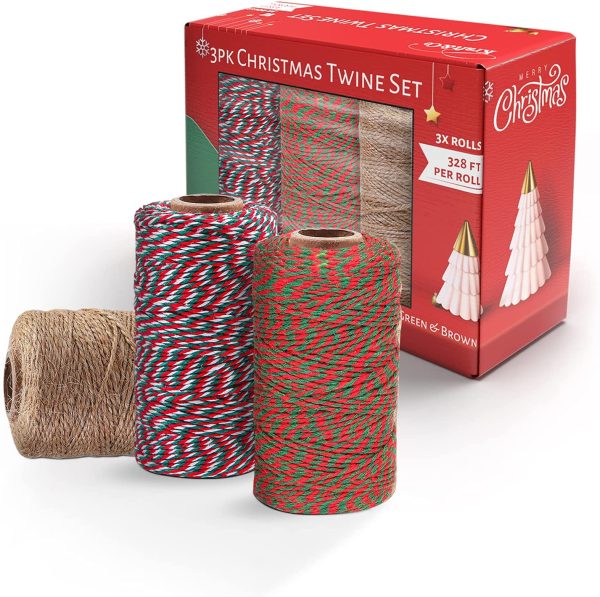 Christmas Twine (3 Roll) ?C Natural Jute String Roll for Gift Wrapping | Xmas Craft Decoration | Biodegradable Red, Green & Brown Cotton & Hemp Rope | Versatile for Gardening Art Presents 100M - Image 5