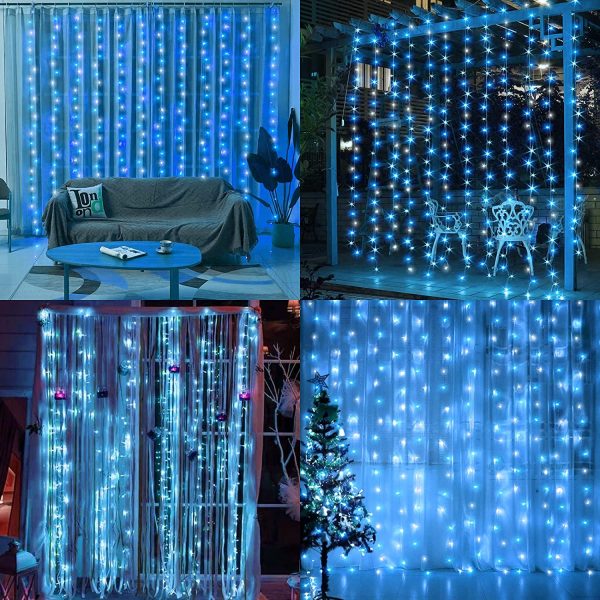 2M x 2M Curtain Light Mains Powered Backdrop Window Curtain Light Christmas Fairy Lights Plug in Linkable,204 LED,Remote for Easter Indoor Gazebo Decor(Blue+White) - Image 3