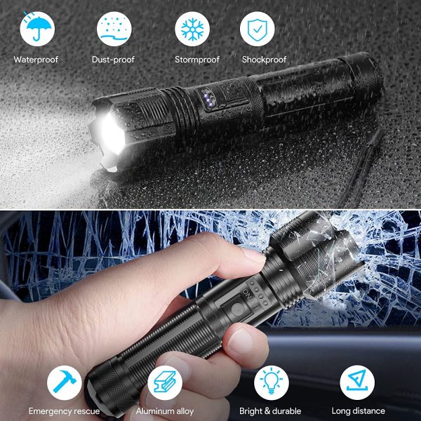 Hoxida LED Torch USB Rechargeable Super Bright High Lumen (with 1pc 18650 Battery) Waterproof, Zoom, Power Display, Tactical Hand Torches Rechargeable Flashlight 5 Modes, for Outdoor Camping Emergency