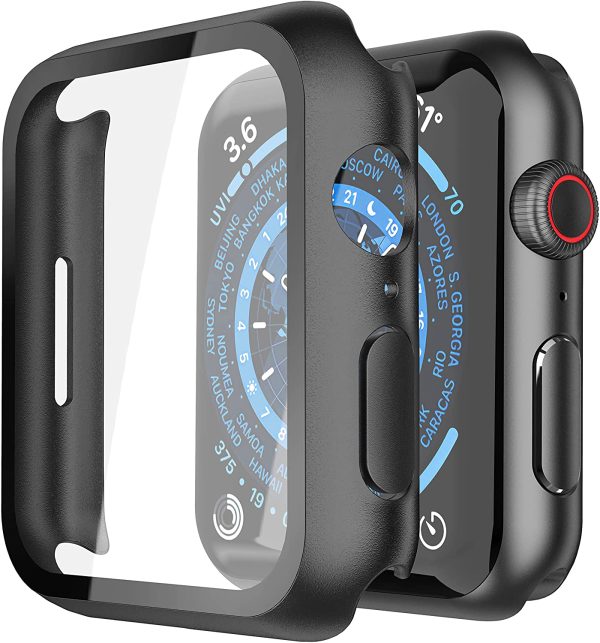 Piuellia 2 Pack Black Hard Case with Tempered Glass Screen Protector Compatible for Apple Watch Series 7 45mm, Ultra-Thin Shockproof Overall Protective Cover for iWatch - Image 2