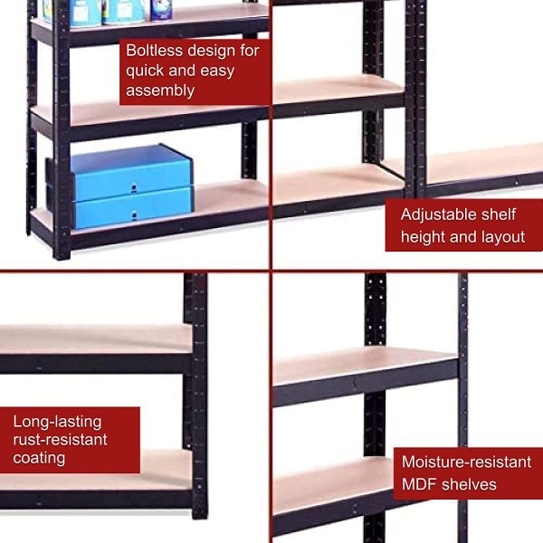 Garage Shelving Units - 5 Tier Metal Storage Shelves - Black Utility Rack for Shed, Workshop, Office Warehouse - 150cm x 75cm x 30cm, 875KG Capacity (175KG Per Shelf Unit) - 5 Year Warranty