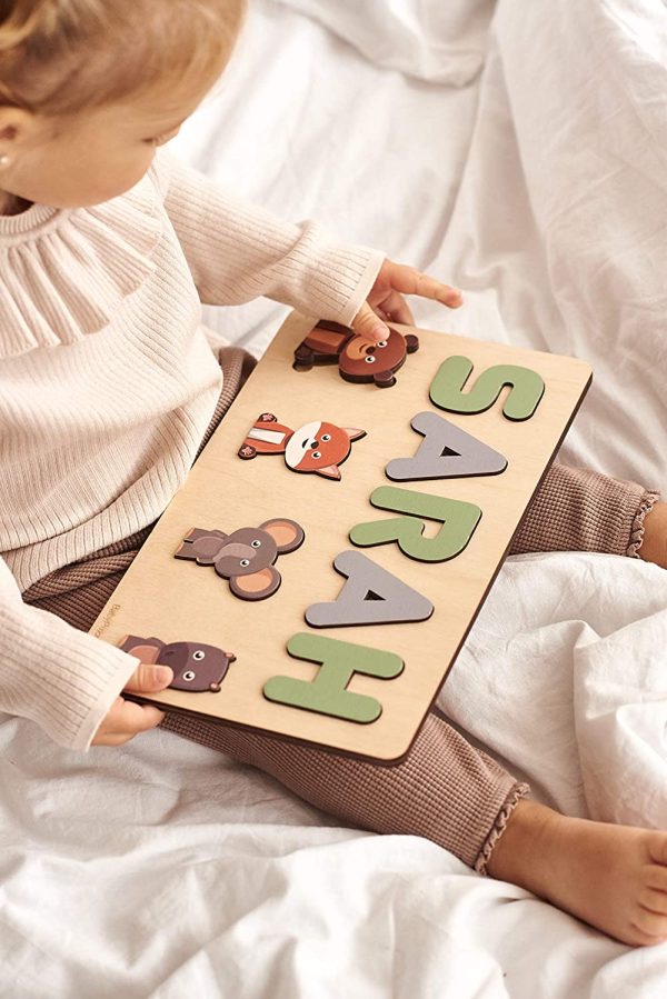 Personalized Jigsaw Puzzle With Name and Animals, Wooden Pegged Game for Toddlers 2 3 4 Years Old, Kids Educational Preschool Toy, Busy Board, Baby Name Signs, Baby Shower Gift