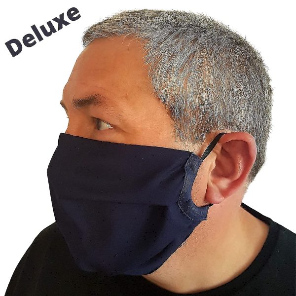 Deluxe Face Mask/Multi Layer Roomier For Large Faces Or Beard Wearers/British Made 100% Close Weave Quality Cotton/Ear/Head Elastic/Re-Usable/Washable-Navy Blue Black Patterned Covering - Image 5