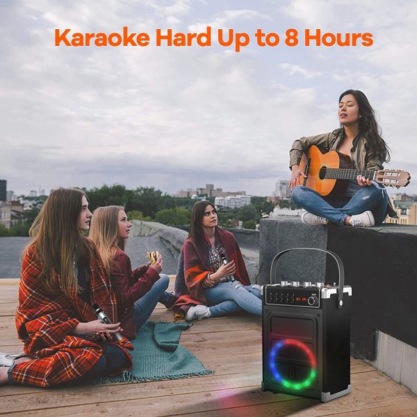 JYX Karaoke Machine with 2 UHF Wireless Microphones, Bass/Treble Adjustment and LED Light, Support TWS, AUX In, FM Radio, REC, Supply for Party/Meeting/Wedding - Black - Image 3