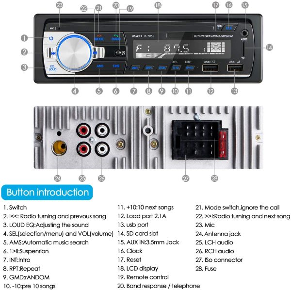 RDS Car Radio Bluetooth Hands-free, CENXINY 4 x 65W Car Stereo Bluetooth 5.0 LCD with Clock, Support USB/AUX in FM/ MP3 / WMA/WAV/MPE/RDS Car Stereo with Usb and Bluetooth - Image 3