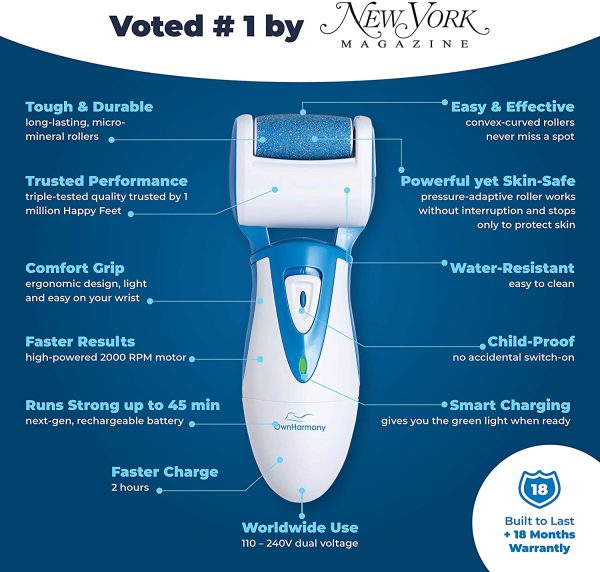 Electric Hard Skin Remover by Own Harmony: USA's Best Rated Callus Remover - Rechargeable Pedicure Tools w/ 3 Coarse Diamond Rollers - for Velvet-Smooth Foot Care - Professional (Universal USB Cord)